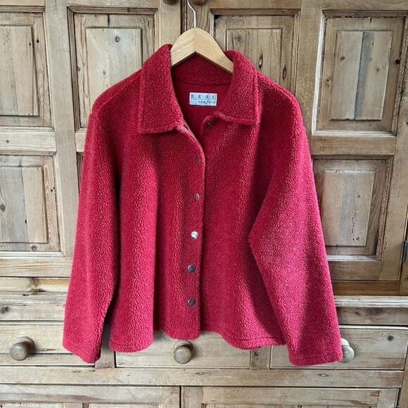 Vintage Real Comfort Red Sherpa Jacket Coatigan Button Front Sweater Cozy - Picture 1 of 10